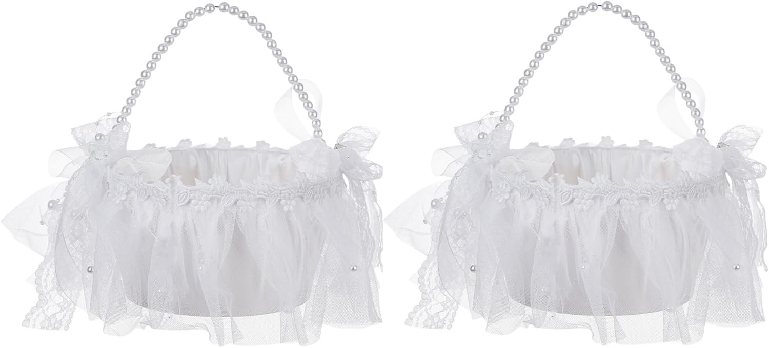 Wedding Flower Girl Basket with Pearl Handle,Satin Flower Storage Basket for Wedding Home Garden Decor (5837, 2)