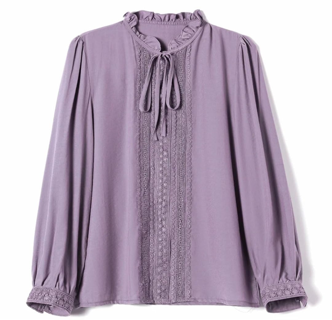 Camisas de seda de encaje para mujer, blusas de manga larga con borde de hongos, cuello de lazo, para oficina