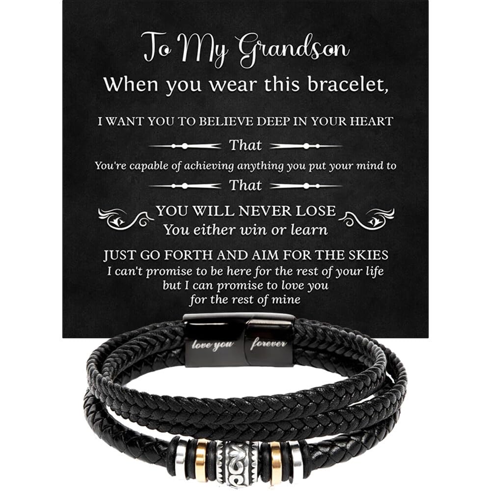 To My Grandson Bracelet, Bracelet Grad Gift for Grandson, Bracelets For Grandson From Grandparent, Birthday Gift Bracelets with Message Card and Box