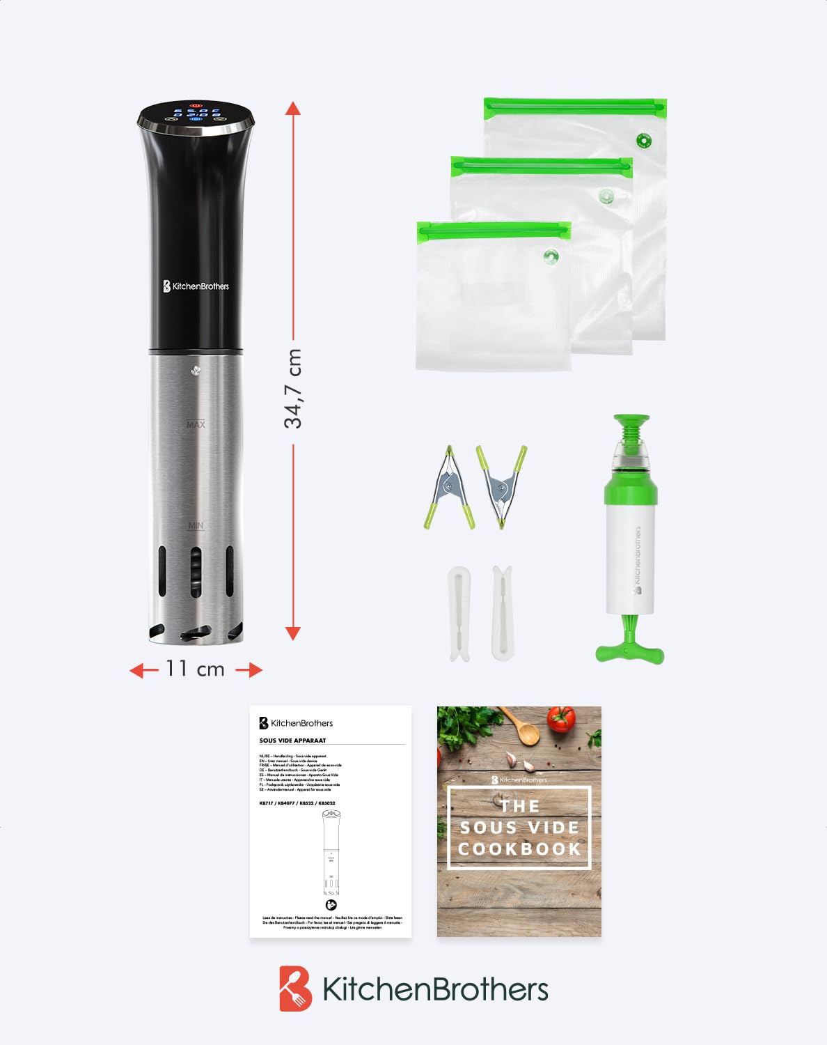 KitchenBrothers Thermoplongeur Sous Vide - Cuisson Basse Température - Cuiseur Sous Vide - Thermoplongeur Chauffe Eau -0 à 95℃, Réglable Par 0,2℃ - 1200W (Noir/Inox avec accessoires)