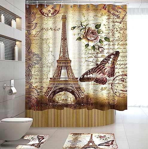 Amagical 3 Piece Paris Tower Print Shower Curtain Set Bath Mat Set,Bath Mat U Shape Mat and Bathtub Shower Curtains with 12 Hooks