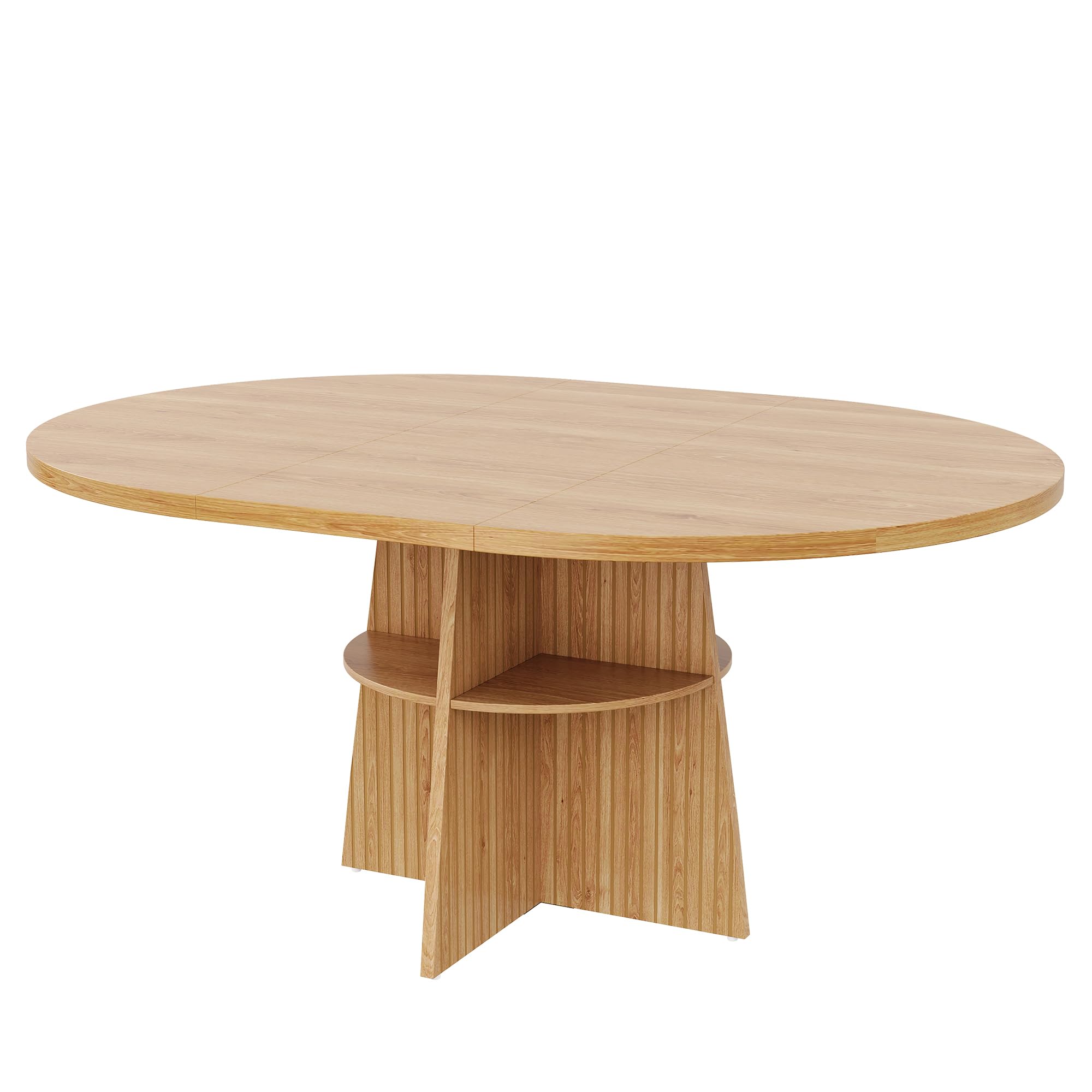 Mesa de comedor redonda extensible, 110-150 x 110 x 77,5 cm, ahorra espacio, para 2-8 personas, con tablero extensible y estante integrado, mesa moderna de madera en aspecto natural, natural