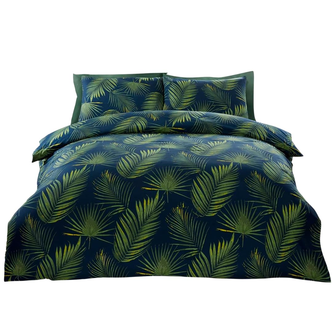 Rapport Home Bedding Duvet Cover Double - So Soft Microfibre Polyester Cloth - 180 Thread Count Palma Tropical Leaves Floral Reversible Quilt Cover Set with Pillow cases Green (3 Piece)