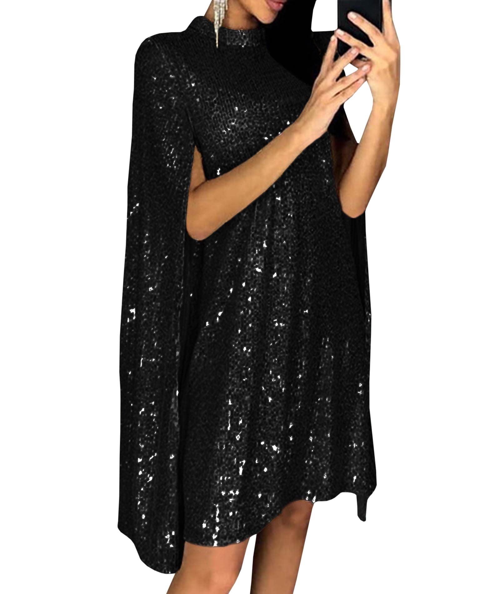 Photo 1 of SOMTHRON Women's Sparkly Cloak Sleeve Mini Sequin Cape Dress Cloak Long Sleeve Shiny Gold Cocktail Party Short Dress BL-M