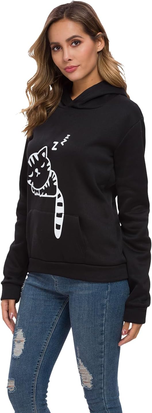 Women Teen Girls Hoodie Sweatshirt With Cute Cat Ear and Sleeping Cat Printed Pullover - Image 3