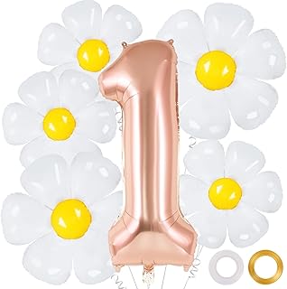 Daisy Number 1 Balloon, White Daisy Flower Foil Balloons, 40 Inch Large Mylar Rose Gold 1 Balloon for Daisy 1st First Birthday Party Decorations Supplies