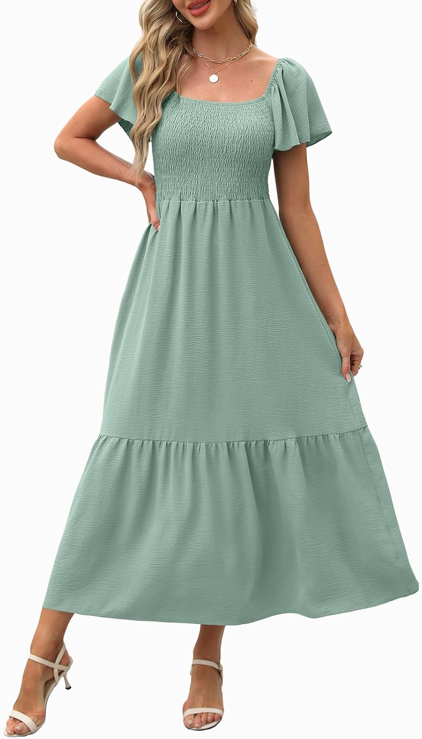 OFEEFAN Summer Dresses for Women Square Neck Ruffle Sleeve Smocked Maxi Dress with Pockets - Image 4