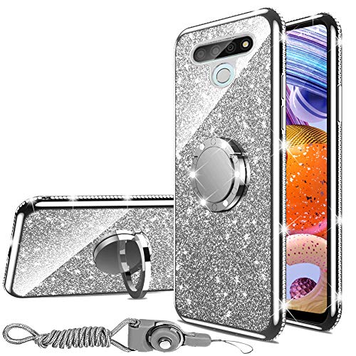 LG Stylo 6 Case, LG K71 Case Glitter Luxury Sparkles TPU Silicone Cute Phone Case for Women Girls with Kickstand, Bling Diamond Rhinestone Ring Stand Slim Glitter Case for LG Stylo 6 (Silver)
