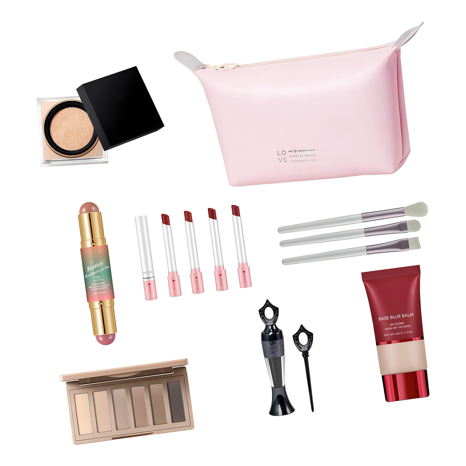 Kit di trucco da viaggio completo con bastoncino di burro in polvere e 6 ombretti, per un'applicazione rapida in viaggio, set cosmetico multiuso