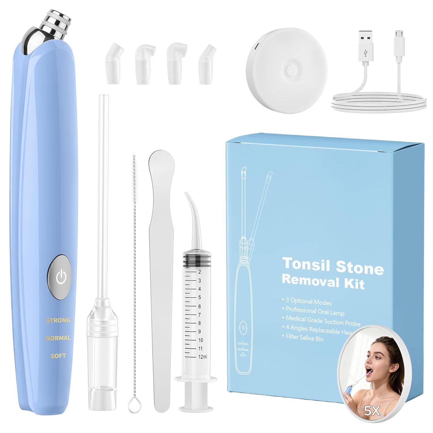 Upgraded Tonsil Stone Remover Kit, Rechargeable Tonsil Stone Vacuum with LED Light & Saliva Reservoir, Best Fast Painless Tonsillolith Removal Tool, Fight Bad Breath, Safe Silicone & 11 Attachments