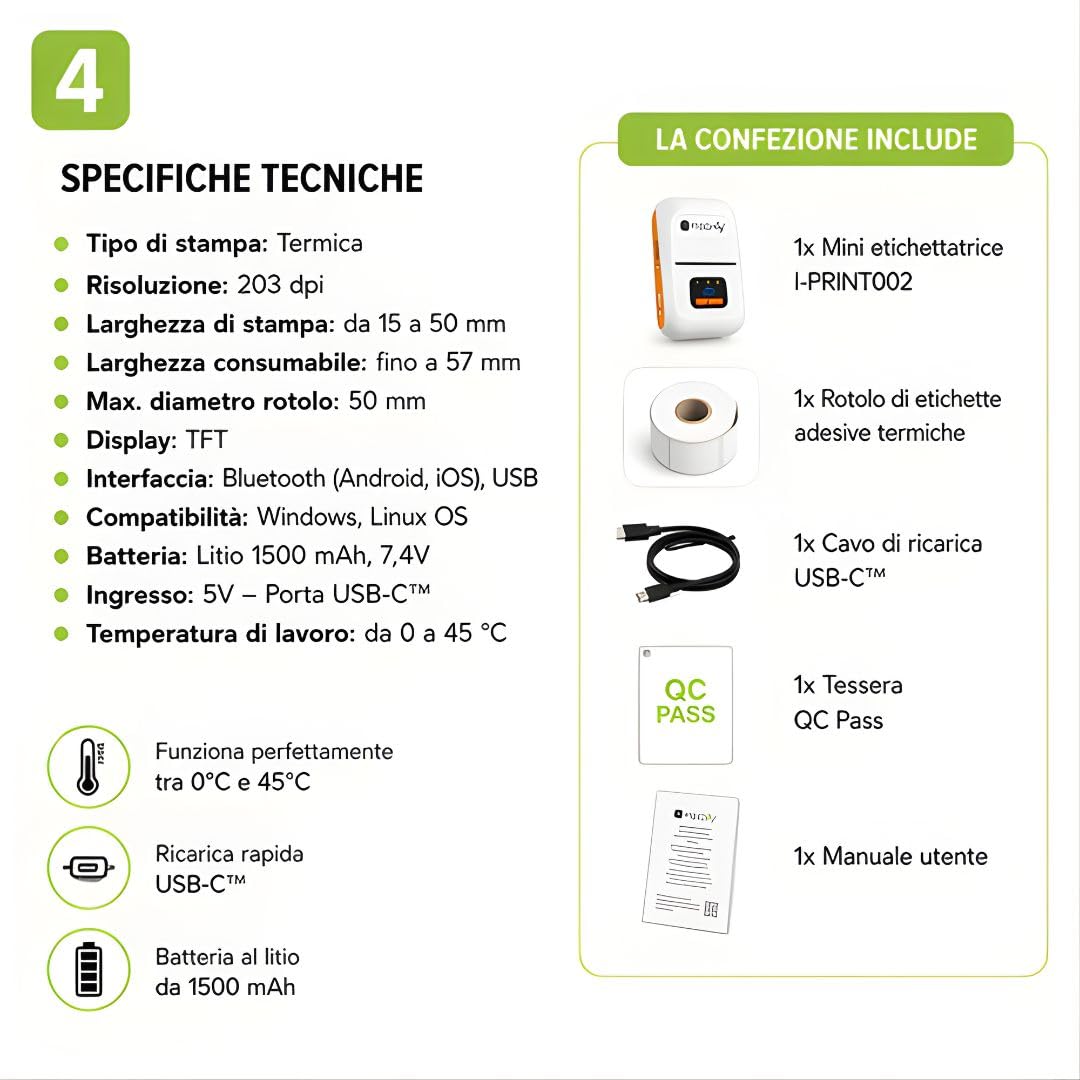 Techly 622830 Mini Etichettatrice Stampante Termica Bluetooth C/Display Portatile Ricarica USB-C™ Bianco