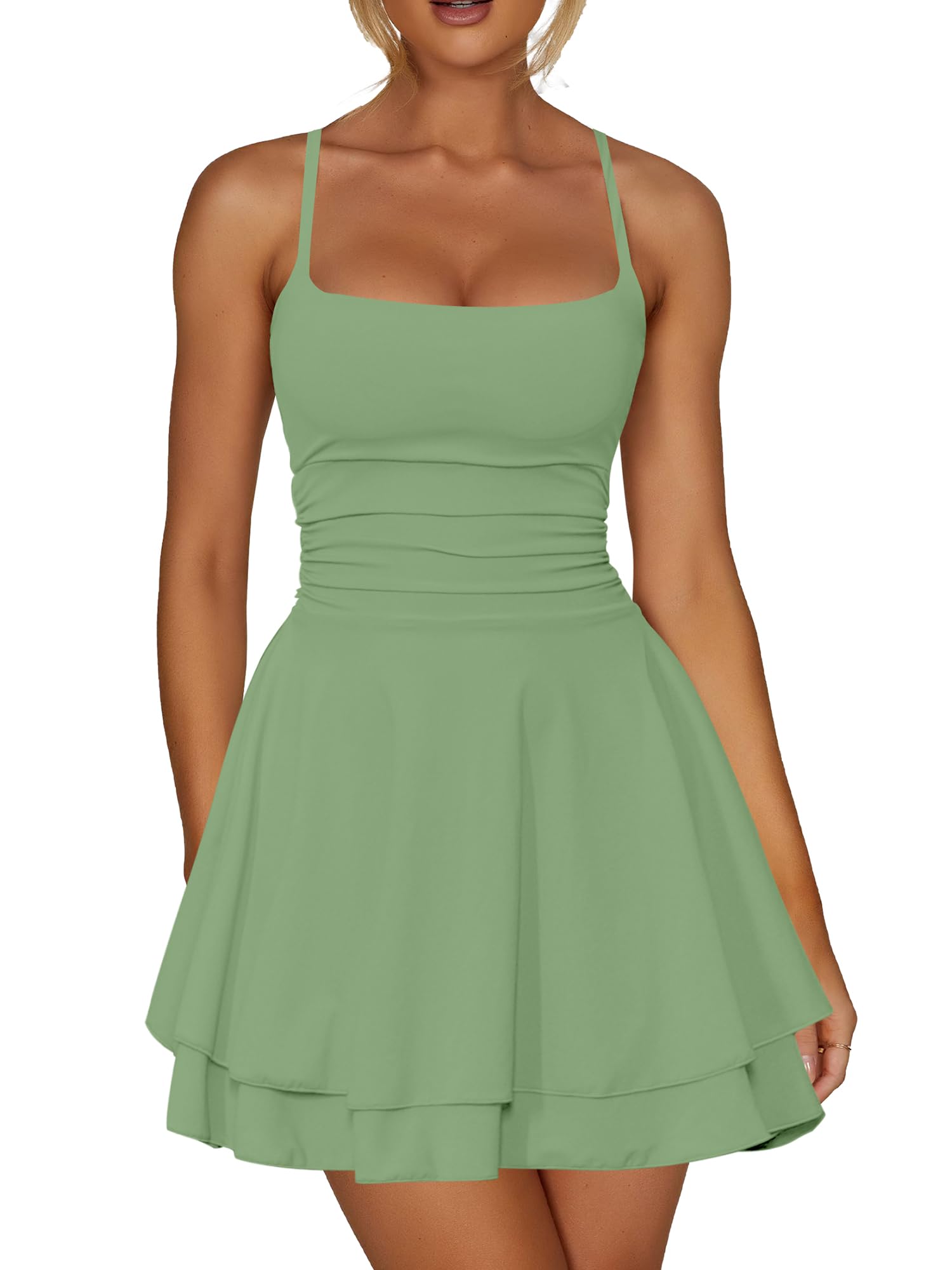 Kaximil Women's Sexy Ruffle Mini Dress Spaghetti Strap Ruched Corset Party Club Short Dresses