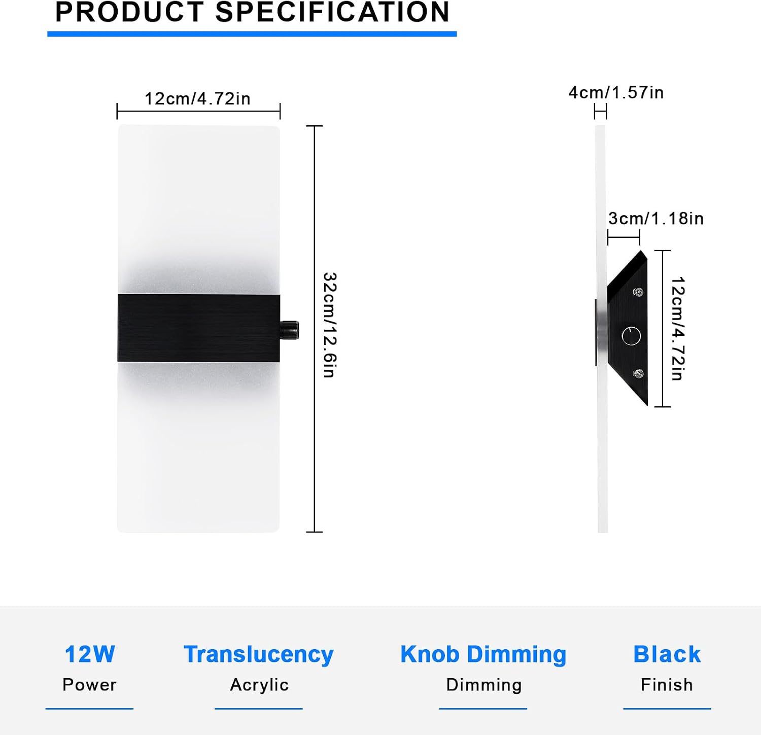 Lightess Modern Wall Sconce with Switch, Indoor Wall Light Dimmable, 12W Black Acrylic Wall Mounted Light Fixtures for Hallway Stairway Bedroom, Cool White, 1 Pack