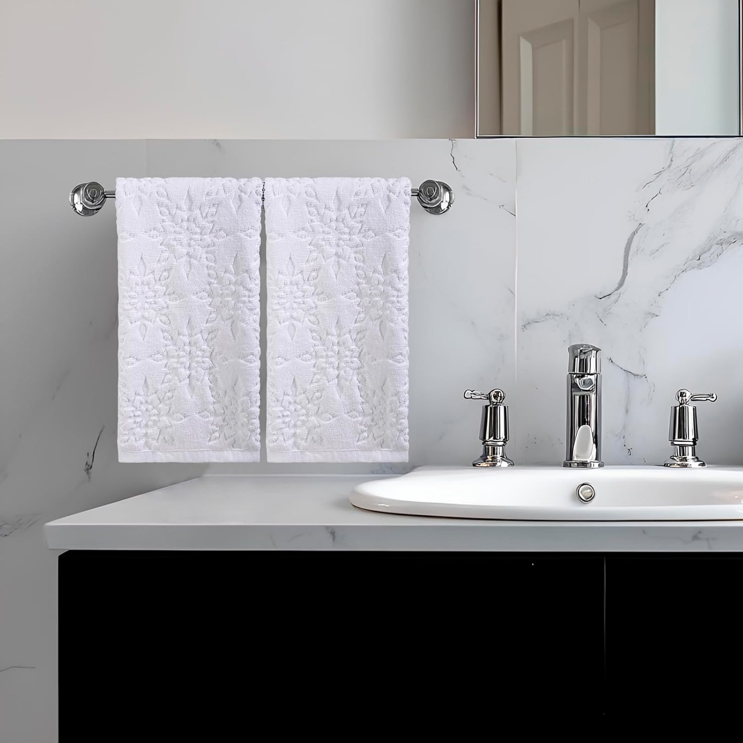 Christmas Snowflake Bathroom Hand Towels Set - 2 Pcs 28.4" x 14.2" White Printed Kitchen Dish Towels for Holiday Indoor Decorations, Cotton Decorative Fingertip Tea Table Towel for Winter Home Decor - Image 5