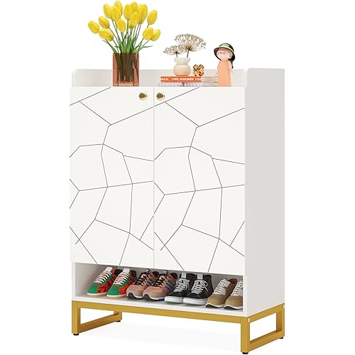LITTLE TREE White and Gold 5-Tier Shoe Cabinet with Storage, 2-Door Shoes Organizer Cabinets for Entryway