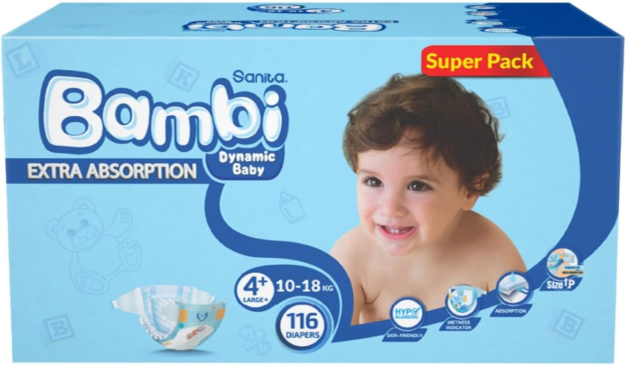 Sanita Bambi Baby Diapers, Size 4+, 10-18 kg, Skin-Friendly with Hypoallergenic