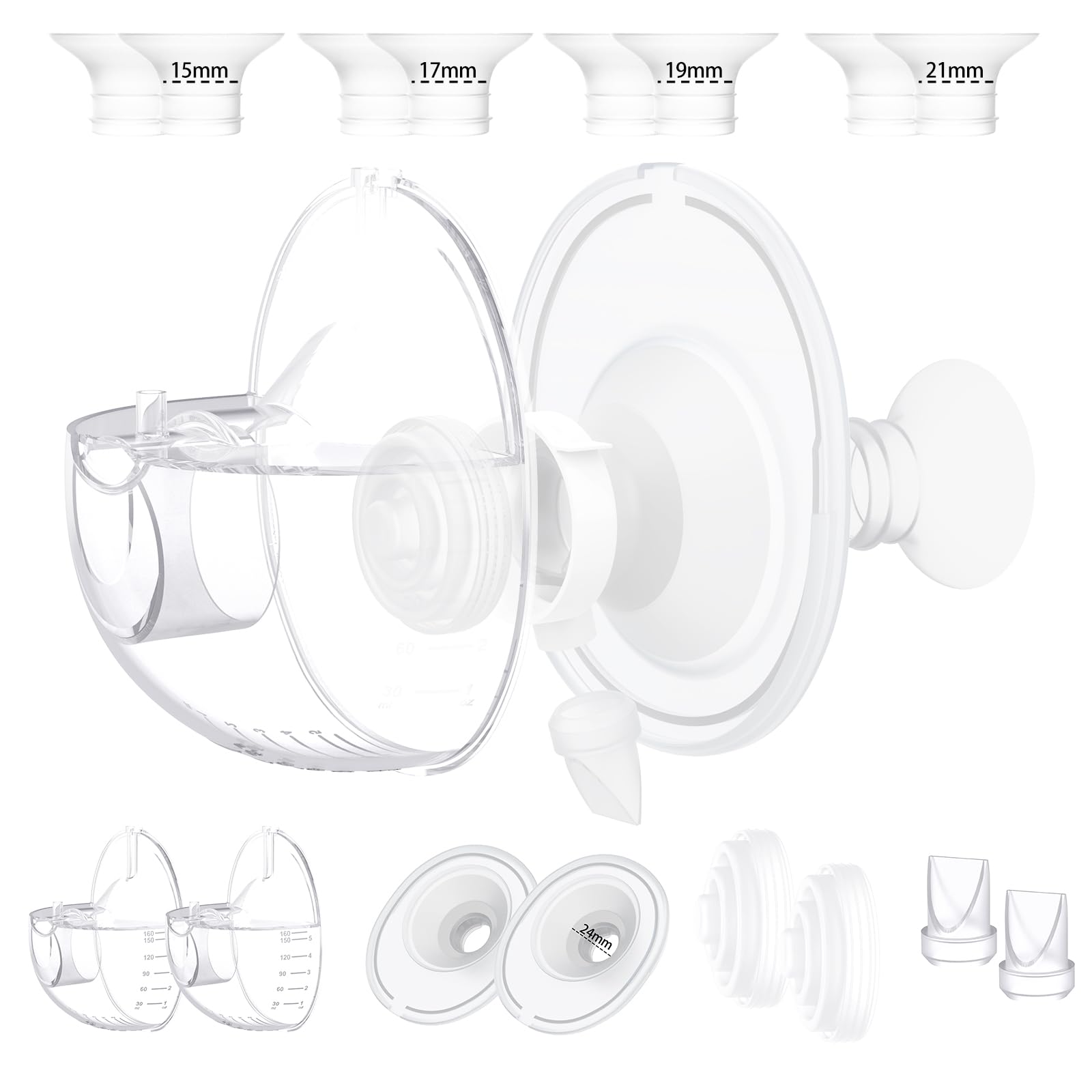 Two Complete Sets Compatible with Momcozy M5 Breast Pump Replacement Parts, 24mm Collection Cup and 15/17/19/21mm 8pcs Flange Size Kit for M5 only,