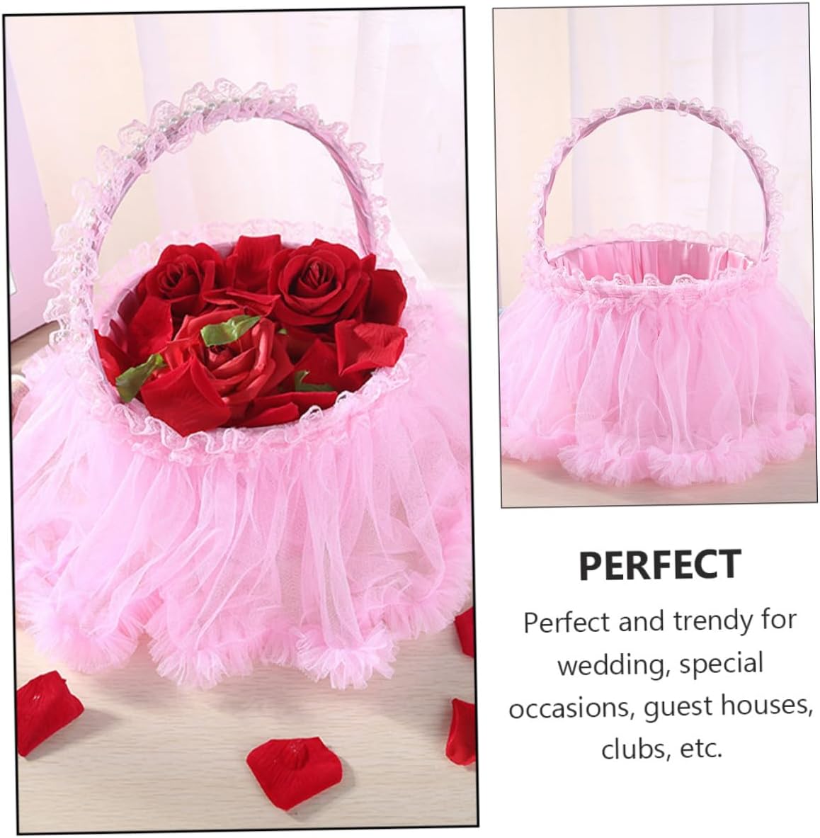 Healifty Wedding Lace Flower Girl Basket Pink with Handle Scatter Petal Basket for Wedding Ceremony and Party Supplies