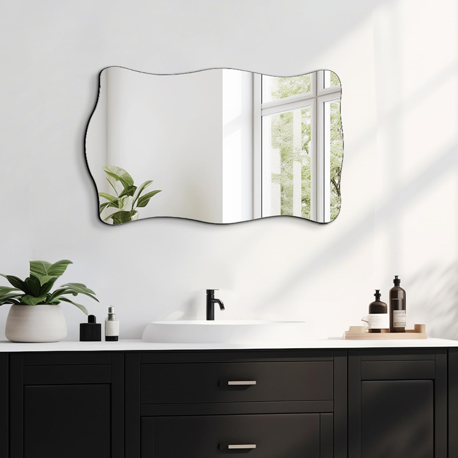 Asymmetrical Frameless Bathroom Mirror, 32x20 Inch Irregular Wall Mirror, Wavy Vanity Mirror for Modern Bathroom, Bedroom, Entryway and Living Room Black Heterotypic 02 33.5"L x 20.5"W