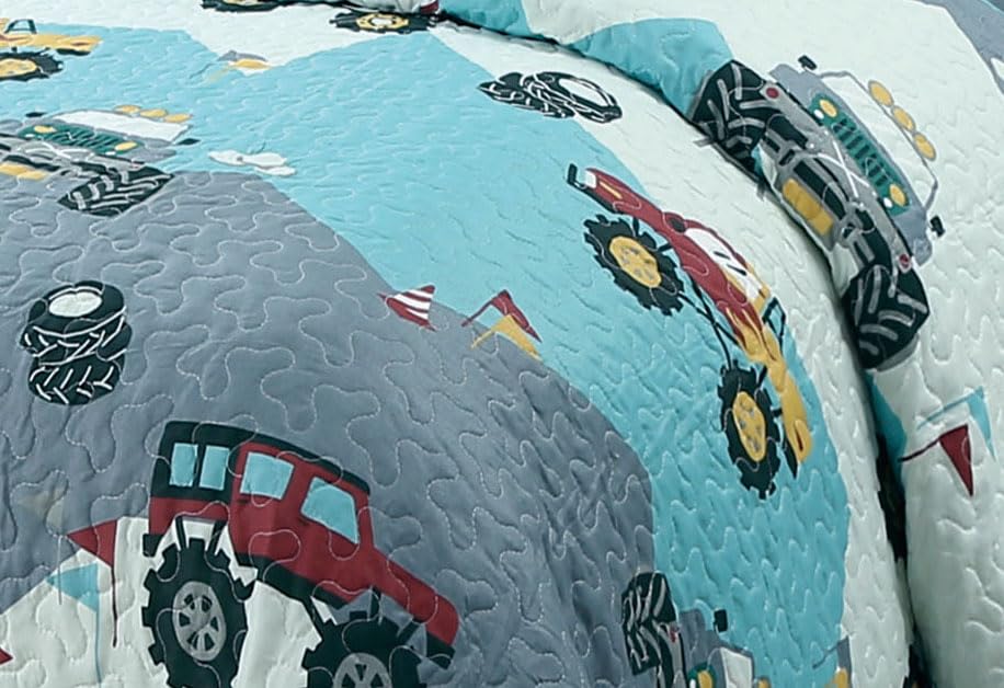 Kids Zone Collection Monster Trucks Kids/Teens Quilted Bedspread Set Blue, White, Red and Gray Mountain Design Twin New # Monster Trucks