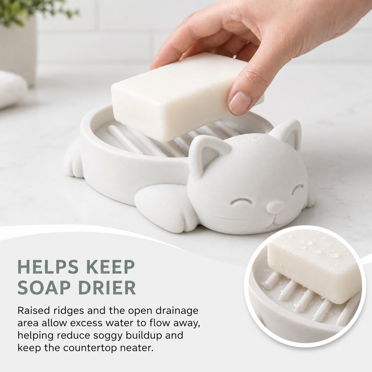 Cat Soap Dish, Self Draining Bar Soap Holder for Bathroom