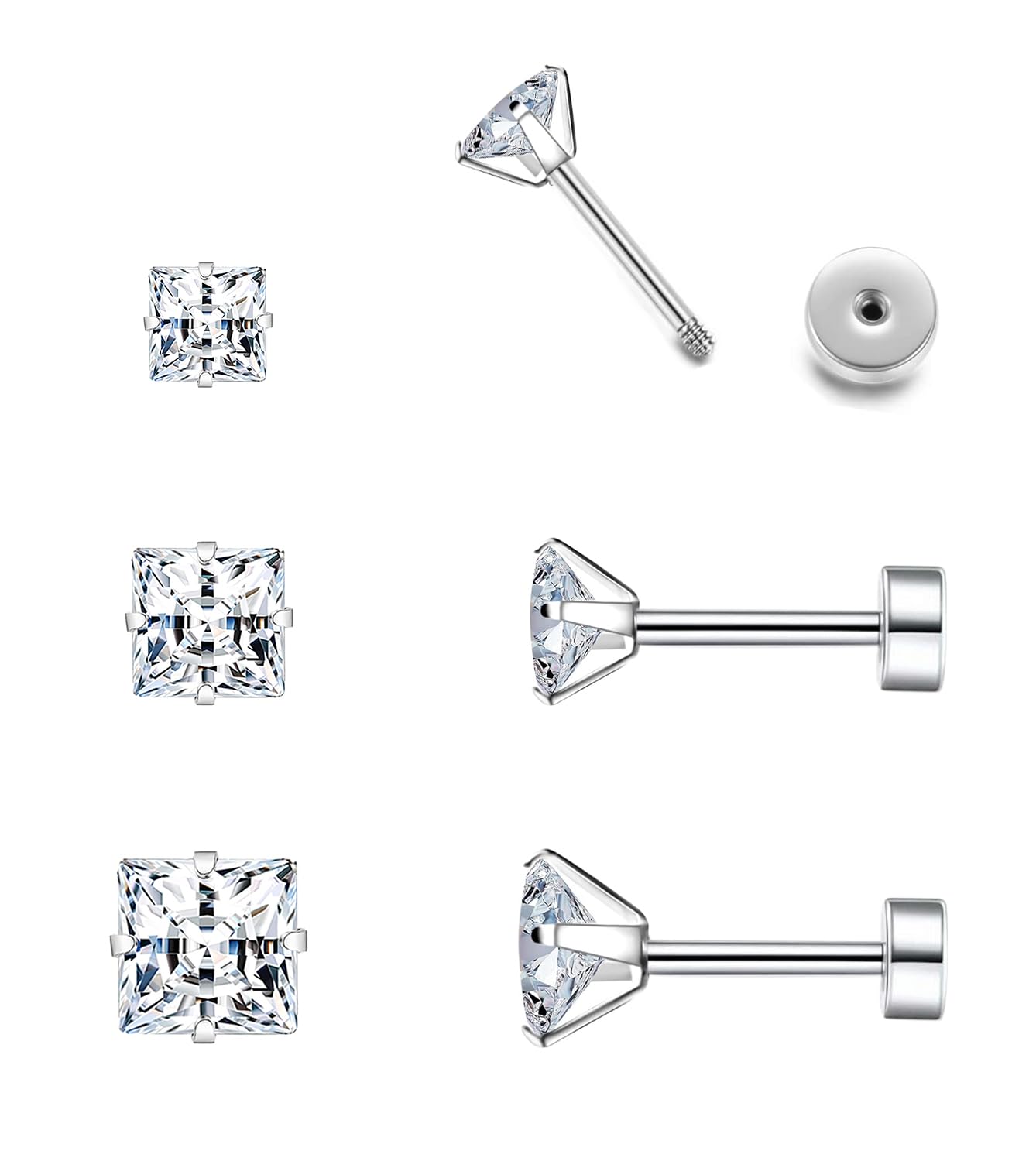 Surgical Steel Studs Earrings for Women Men,Hypoallergenic Silver 14K Gold Plated Stainless Steel Square/Heart/Five-Point Star Shape Cubic Zirconia Studs Earrings for Sensitive Ears Cartilage Helix Piercing