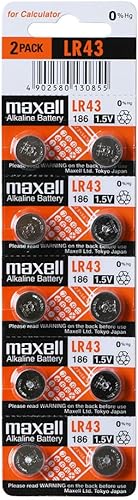Maxell Baterías LR43 (186, AG12) Batería alcalina de tamaño de botón, en tira de desgarro (paquete de 10)