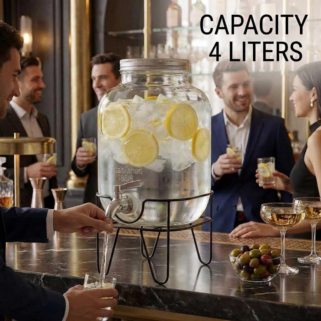 Dispensador de cristal para bebidas 4L con grifo cromado, apto para lavavajillas, camping o aperitivos, ideal para bar, cocina, pub, restaurante, dispensador de agua con soporte