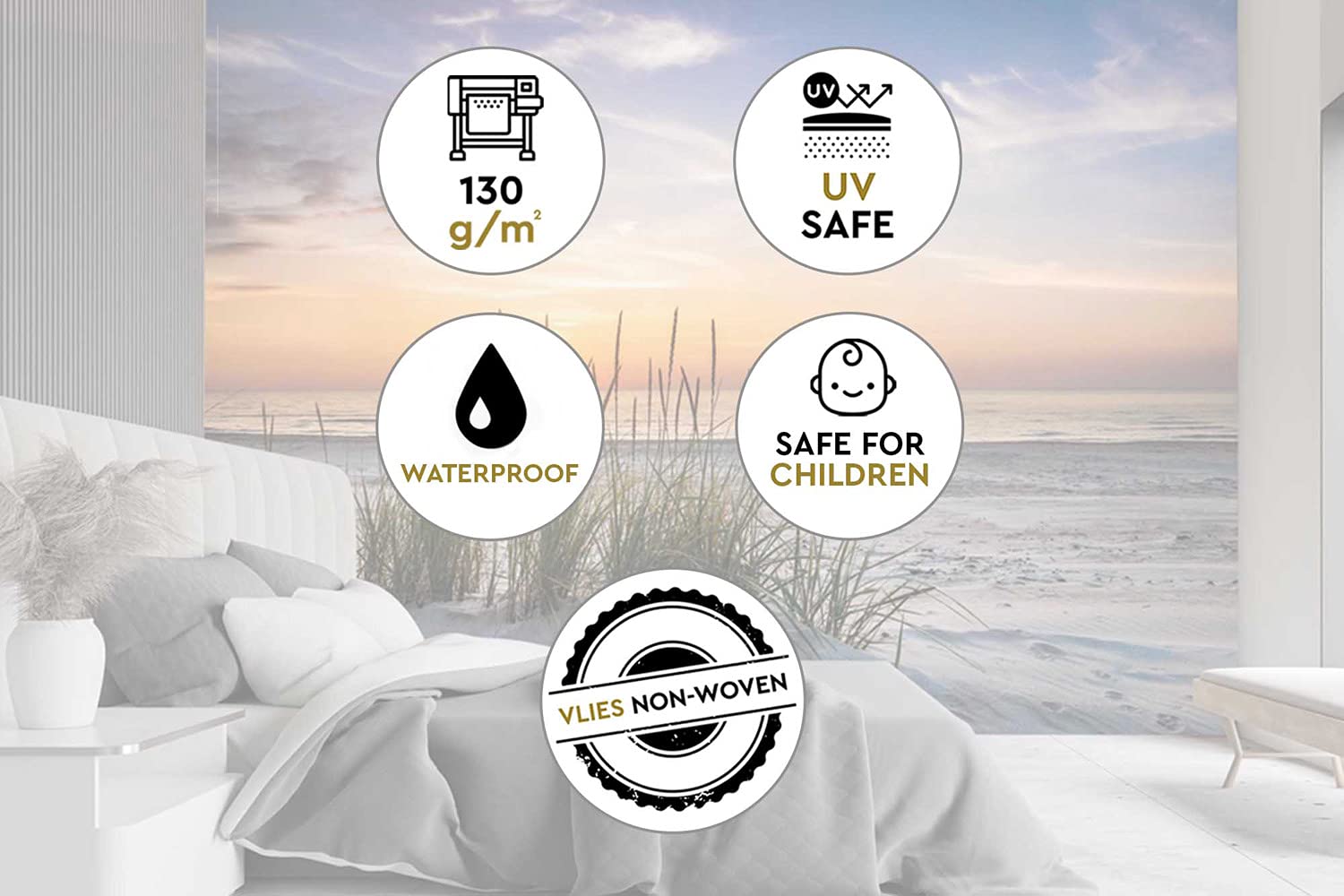 Feeby Tapeta Flizelinowa Zachód Słońca Niebo 350x245 cm Pomarańczowy Dekoracja Ścienna XXL Fototapeta do Pokoju Salonu Sypialni Spa Hotelu Biura Plaża Kępa Trawy Morze