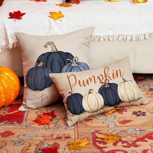 Miniatura 4 de DFXSZ Fundas de almohada de otoño de 18 x 18 pulgadas, otoño, Acción de Gracias, pintura de tinta de calabazas azules, fundas de almohada de algodón
