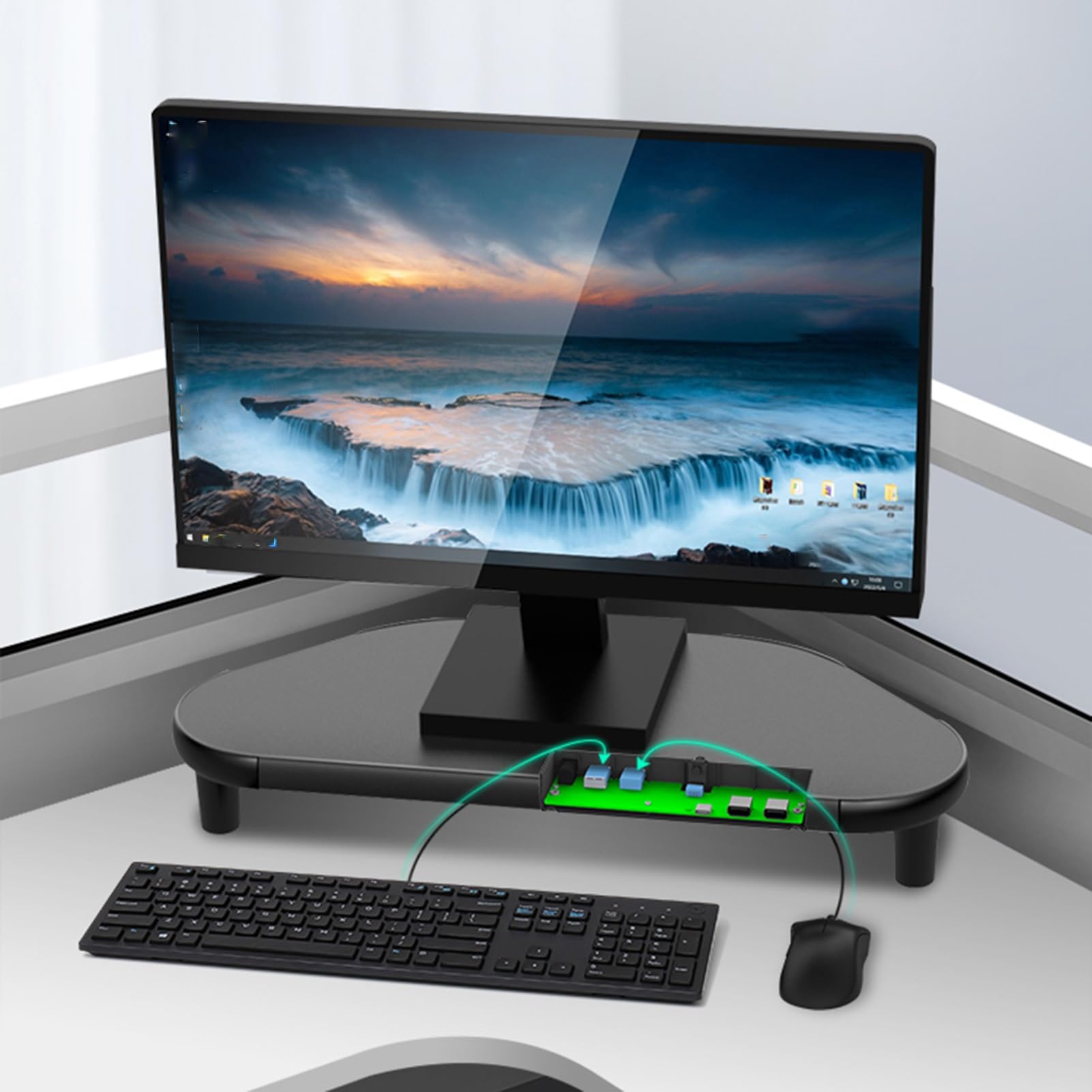 Supporto per Monitor angolare Nero con Supporto per Schermo USB, Supporto da scrivania angolare per Tablet/Cellulare/Monitor, Organizer ergonomico per scrivania da uffici