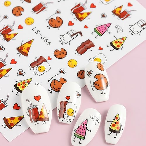 Miniatura 6 de 6 hojas de calcomanías de uñas de jirafa de dibujos animados 3D, calcomanías autoadhesivas lindas Kawaii para arte de uñas de pizza, bocadillos,