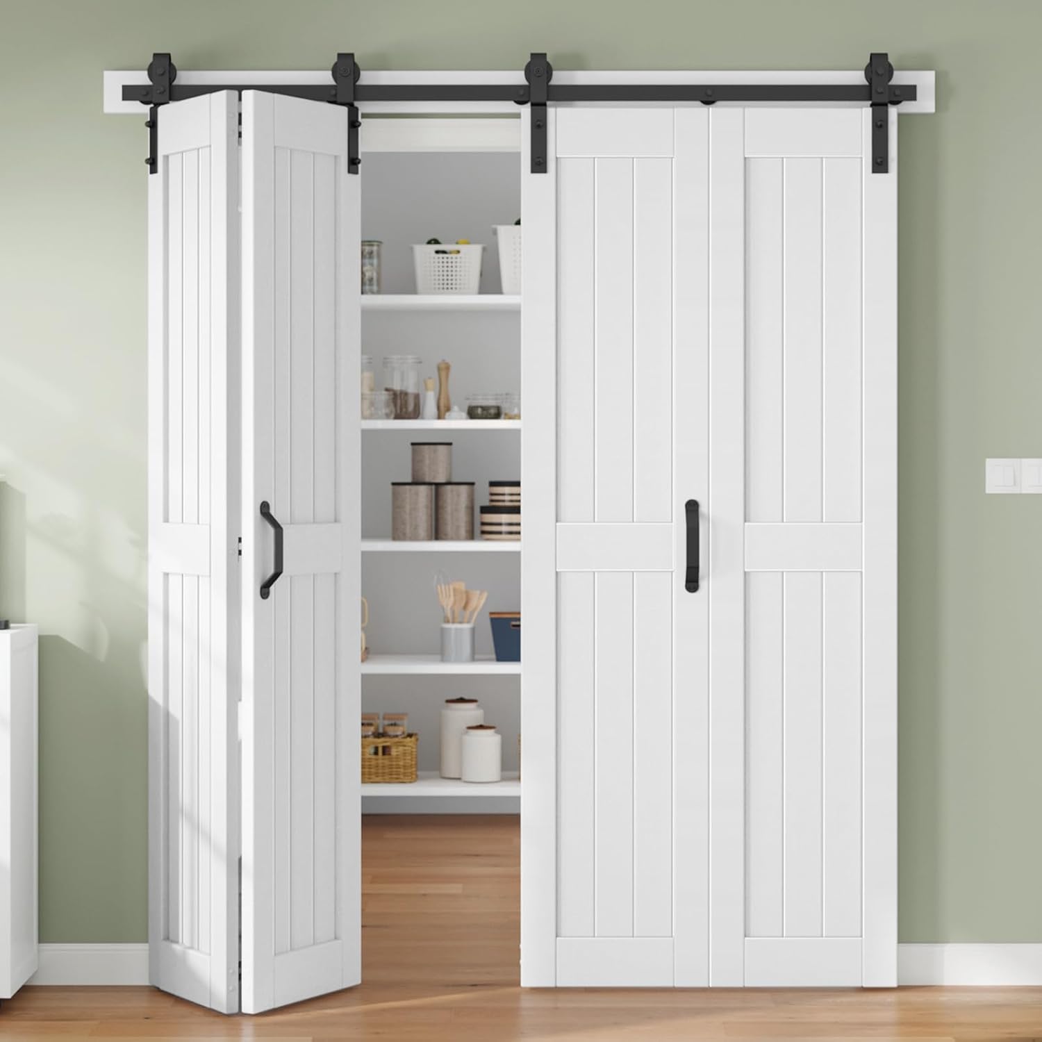 Bifold Barn Door 84 x 84 in (Four 21x84 Inch),Bi-fold Sliding Closet Doors with Hardware Track kit Included 6.6ft Rail for 4 Doors and Track Connector,DIY Assembly,Save Space.
