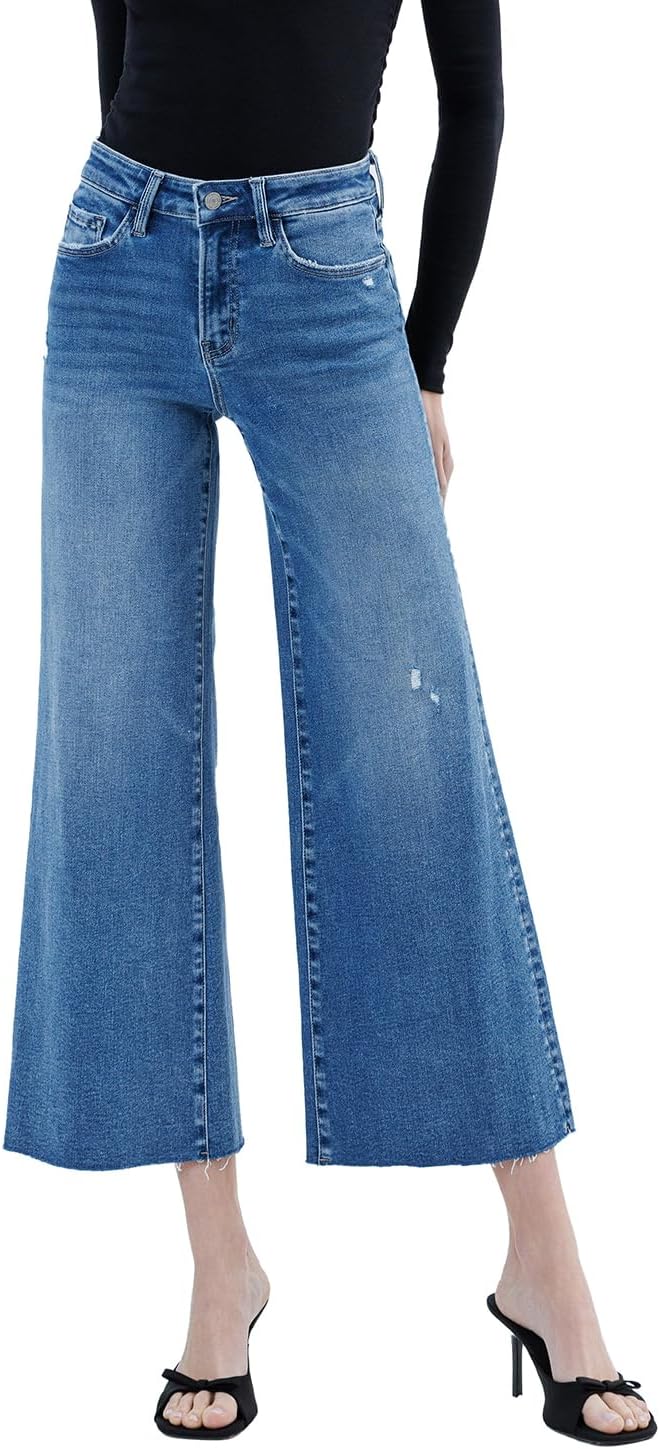 VERVET High Rise Raw Hem Ankle Wide Leg Jeans V3667