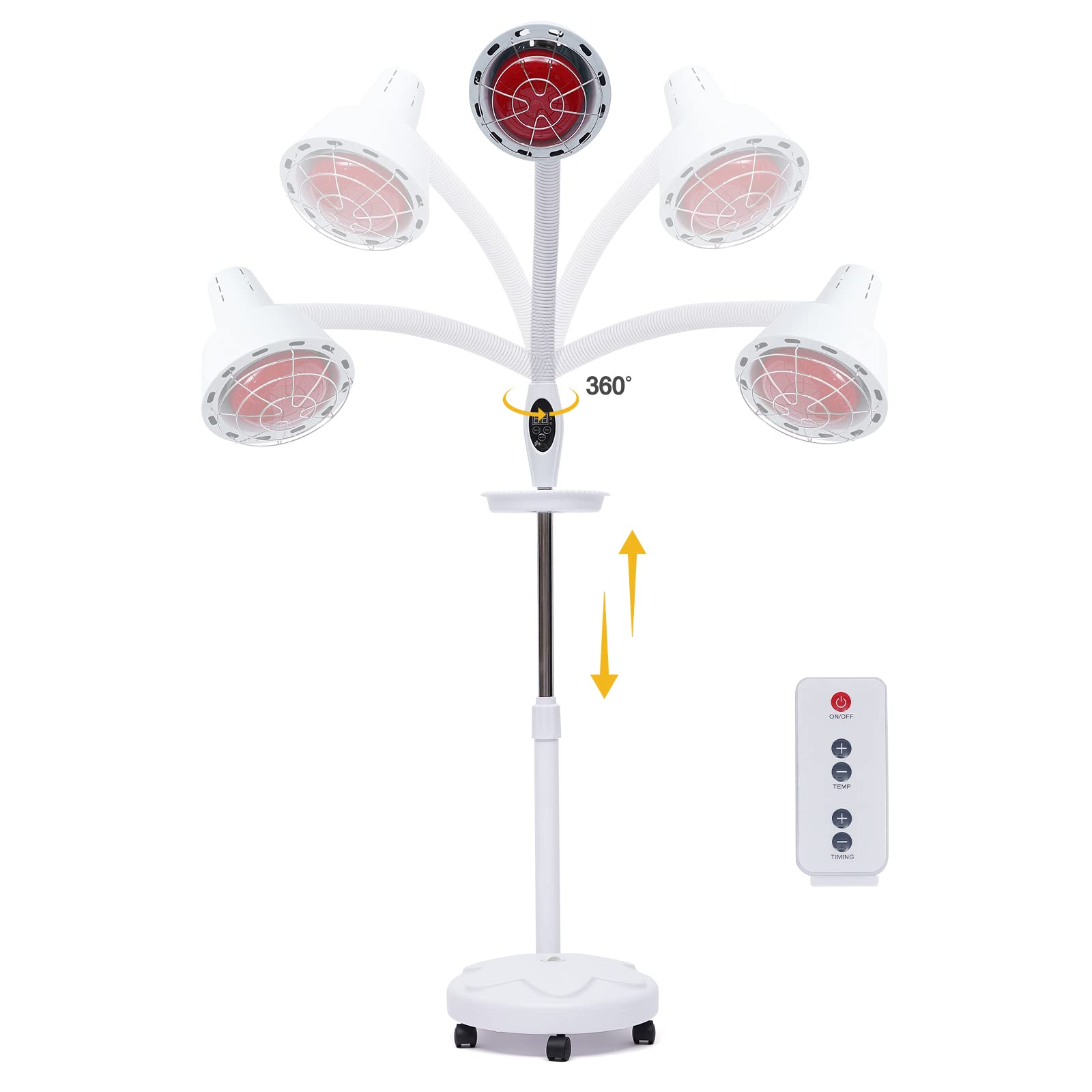 275 W, lampa na podczerwień, czerwone światło, 10 ustawień temperatury 8-70°C, czerwone światło na podczerwień, funkcja timera, z 5 uniwersalnymi kółkami, pilot zdalnego sterowania