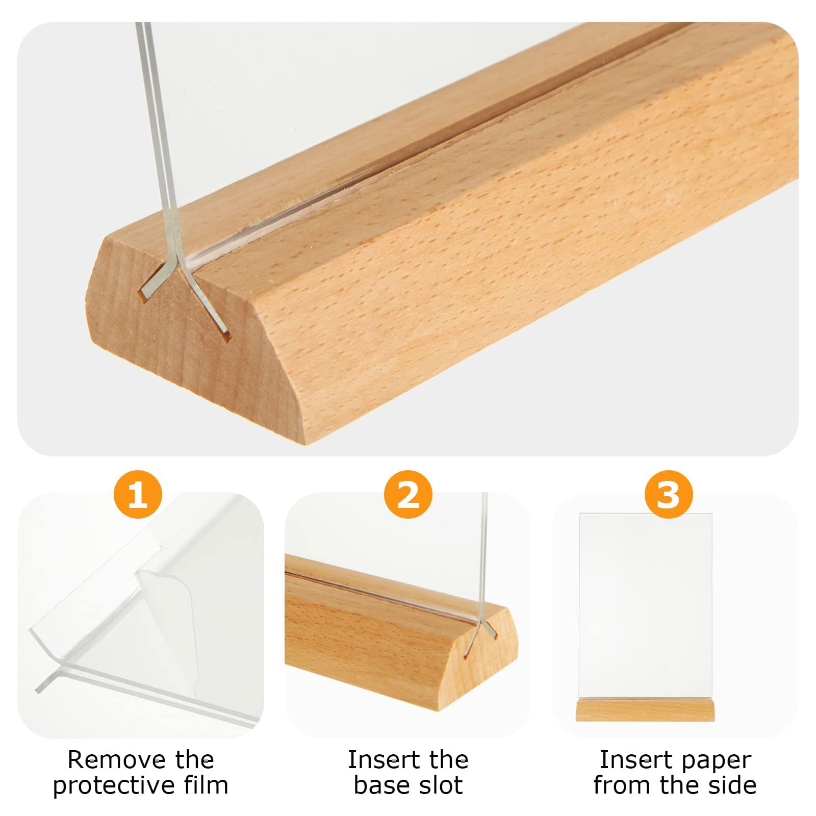 5 Piezas Base de Madera Soporte de menú,Transparente Porta Carteles acrílico,desmontable,De dos caras Claro,Con película protectora,Fácil de limpiar,para Hotel,Tienda,Restaurantes,Oficinas,Tiendas