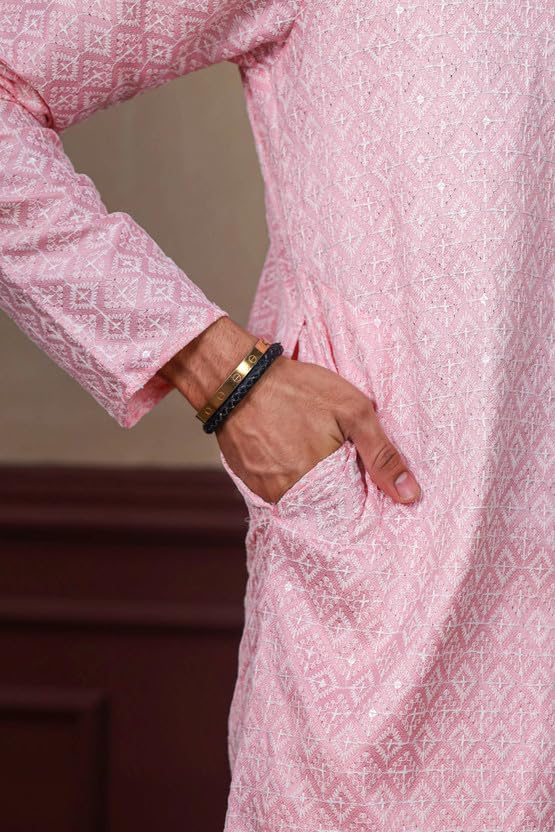 Image of ALMORA Men's Embroidered with Thread Work and Cotton Blend Only Slim Fit Kurta for Men