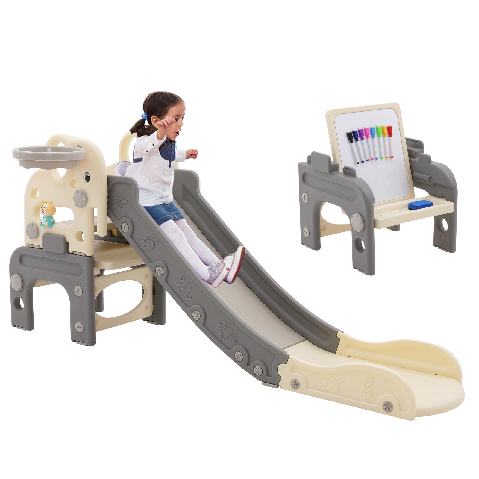 Tobogán Infantil, 6 en 1 Multifuncional tobogán para niños, 140 cm Elefante de plástico tobogán Slide con música, aro de Baloncesto, anillost