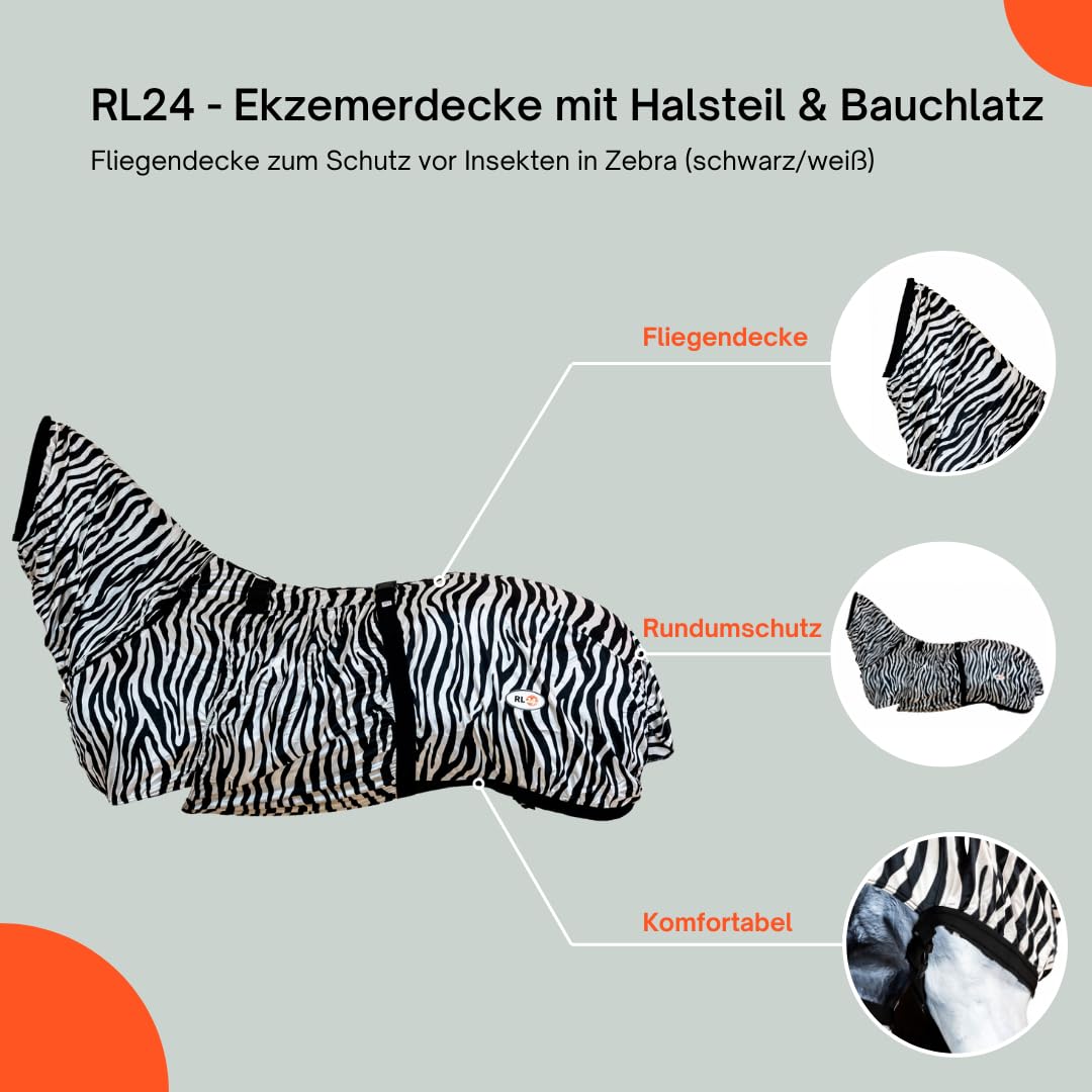 RL24 Ekzemerdecke mit Halsteil & Bauchlatz – Fliegendecke Insektenschutz – Pferdedecke Schwarz/Weiß 115cm