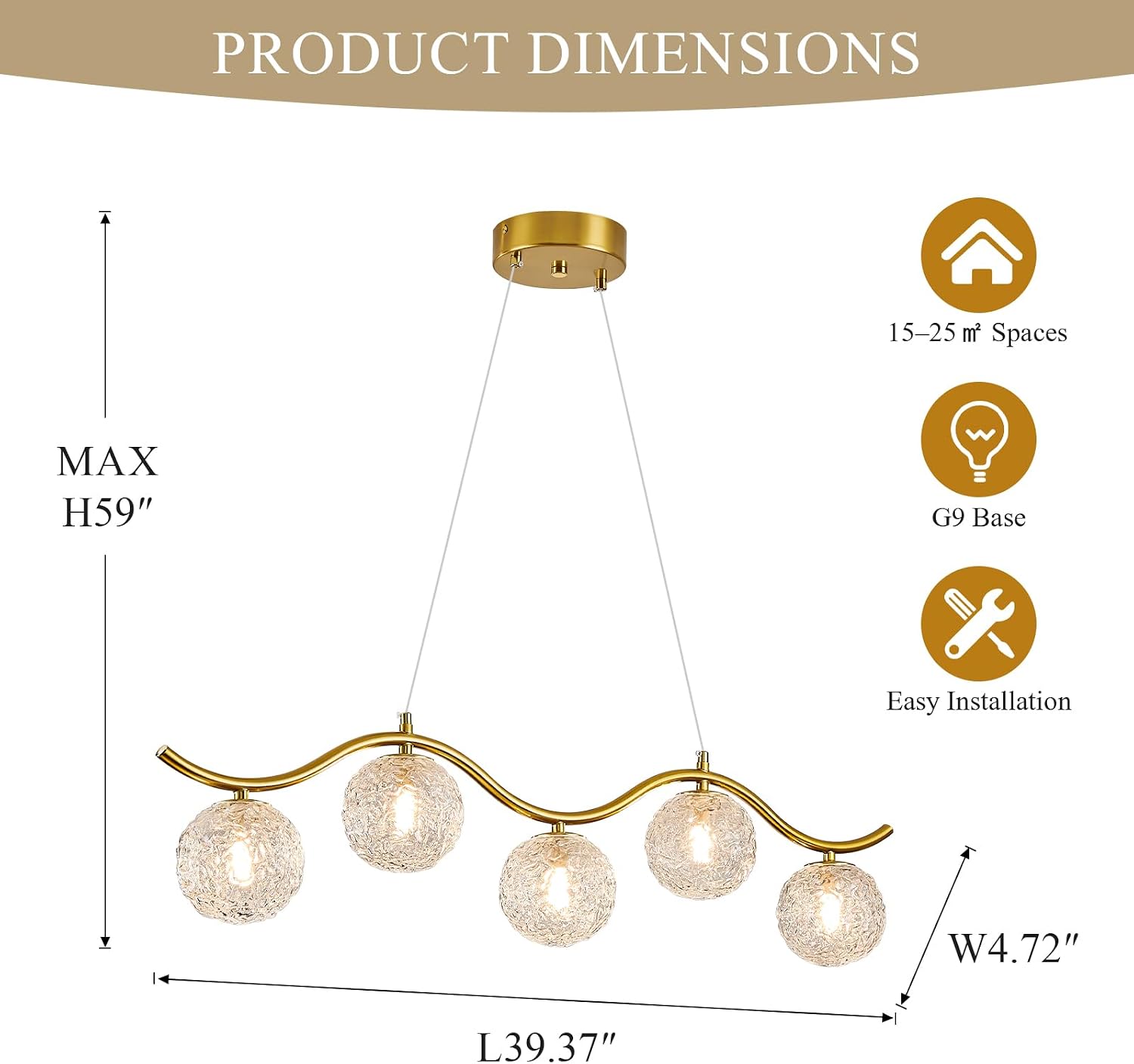 Modern Linear Globe Chandelier Gold 5-Lights Mid Century Linear Chandelier for Dining Room Clear Glass Globe Light Fixture for Kitchen Island Living Room