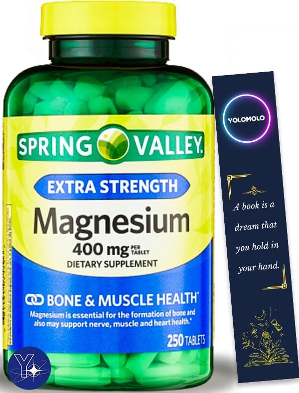 Suplemento dietético de magnesio para huesos y músculos Spring Valley, 250 mg, 100 unidades y marcapáginas de regalo YOLOMOLO