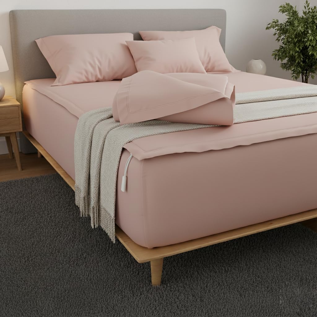 5 Pc Zip On Fitted Sheet - Includes 1 Fitted Base + 2 Zip Sheet - Easy to Change, Won’t Pop Off King Sheet - Soft 600 TC Cotton Fitted Sheet- 15” Deep Pocket King Size- Blush