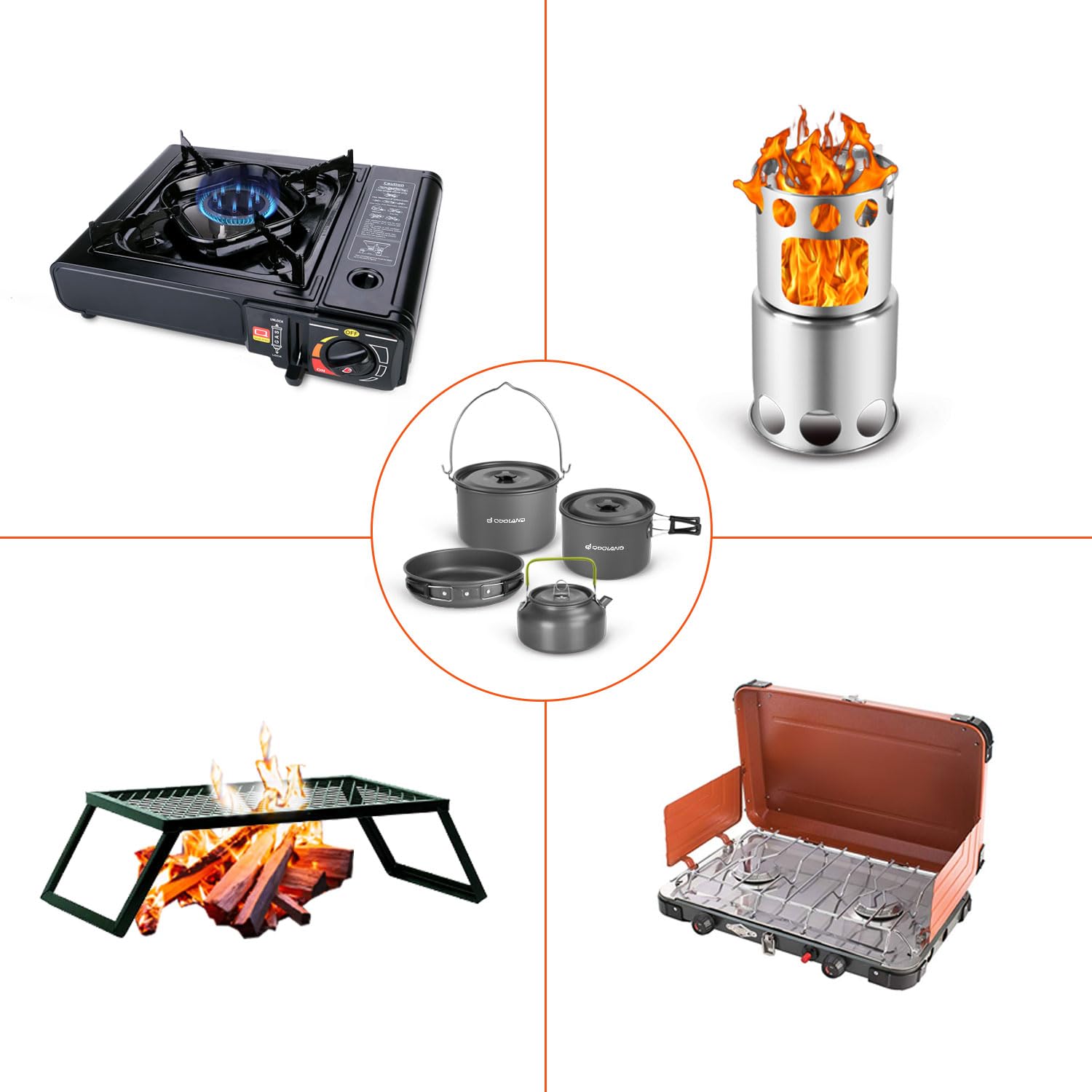 Odoland Pentole Set da Campeggio 39 pezzi per 6 Persone Incl. Pentole e Padella da Campeggio e Bollitore da Campeggio, Tazza Piatti Posate Kit da Campeggio per Trekking e Picnic