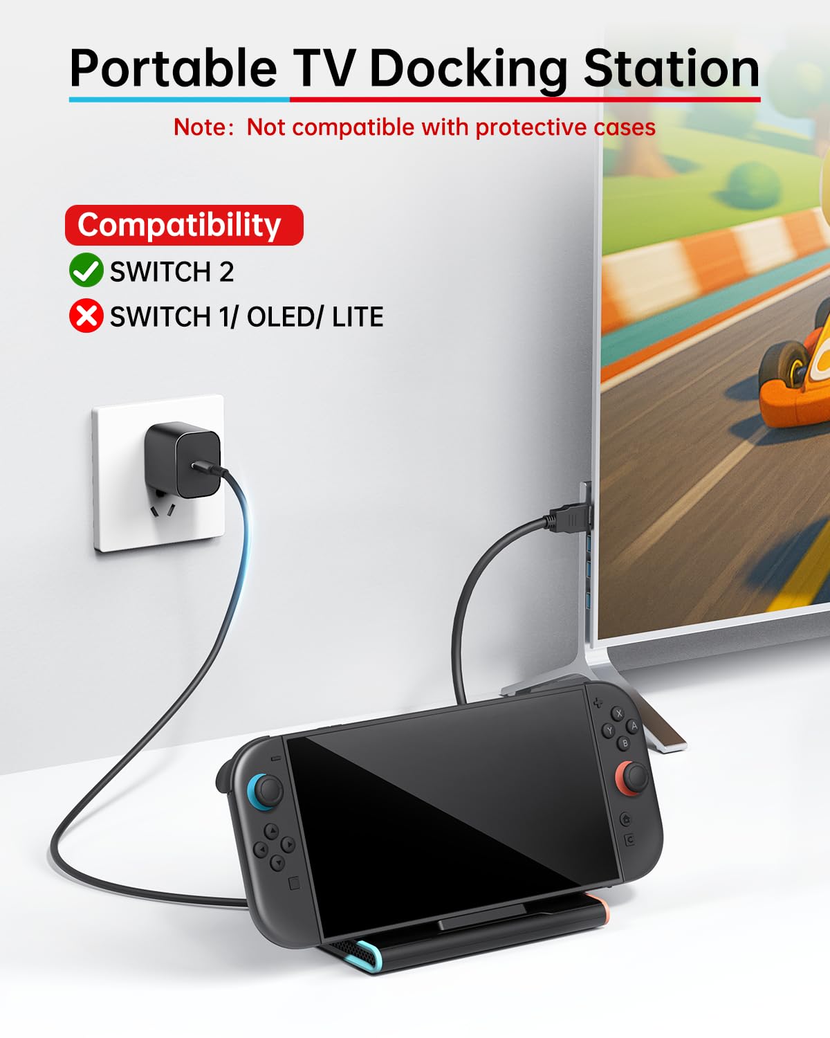Switch 2 Dock - Adattatore TV 4K, docking station portatile per console di gioco Nintendo Switch2, set di accessori con connettore base da viaggio (3 porte USB 3.0, ingresso