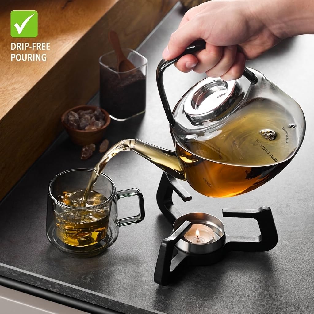 GEFU CHAVELLE Tetera con calientaplatos de 1,2 l – soplado a mano, vidrio de borosilicato, filtro de té de acero inoxidable, hierro fundido, apto para lavavajillas