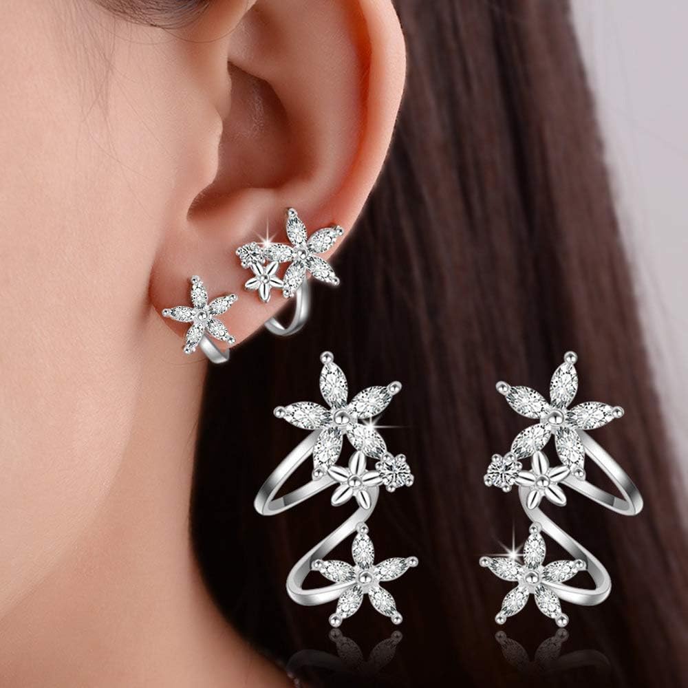 Flower Fairy Sterling Silver Plated CZ Ear Cuff Wrap Stud Earrings for Women Girls Cartilage Fashion Crawler Climber Cubic Zirconia Clip Hypoallergenic (Silver) - Image 3