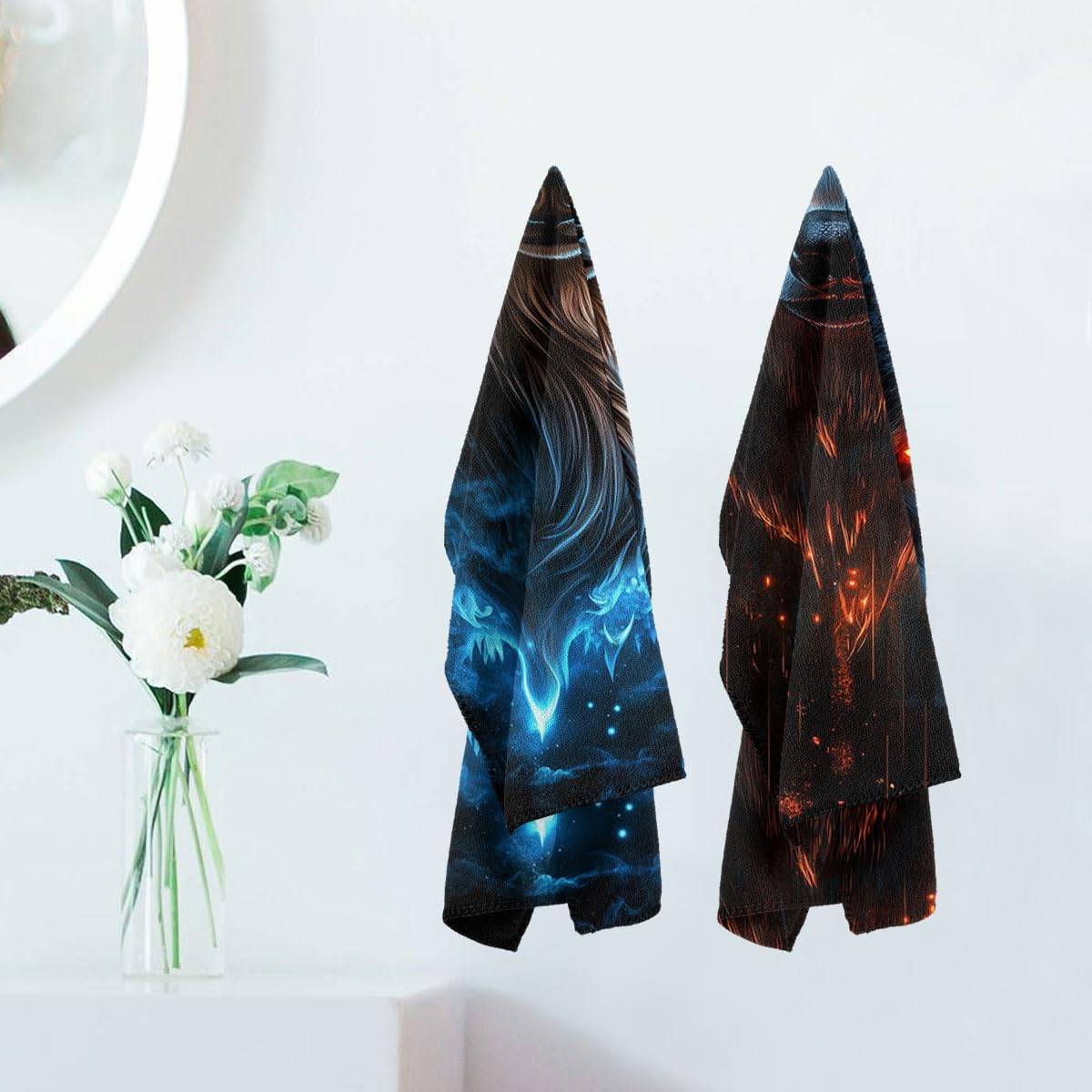 Cool Wolf Bath Hand Towels Set of 2 Absorbent Blue Galaxy Fantasy Animals Red Blue Decorative Hand Towels for Bathroom Kitchen Home Spa Hotel Yoga,Bathroom Decor Accessories 14"x28" image 5