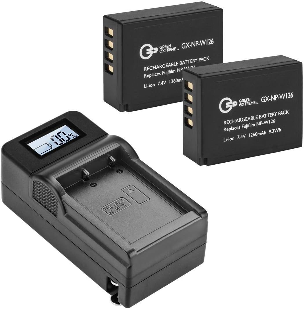 Green Extreme2 Pack NP-W126 Battery and Compact Smart Charger Kit (7.4V 1260mAh)