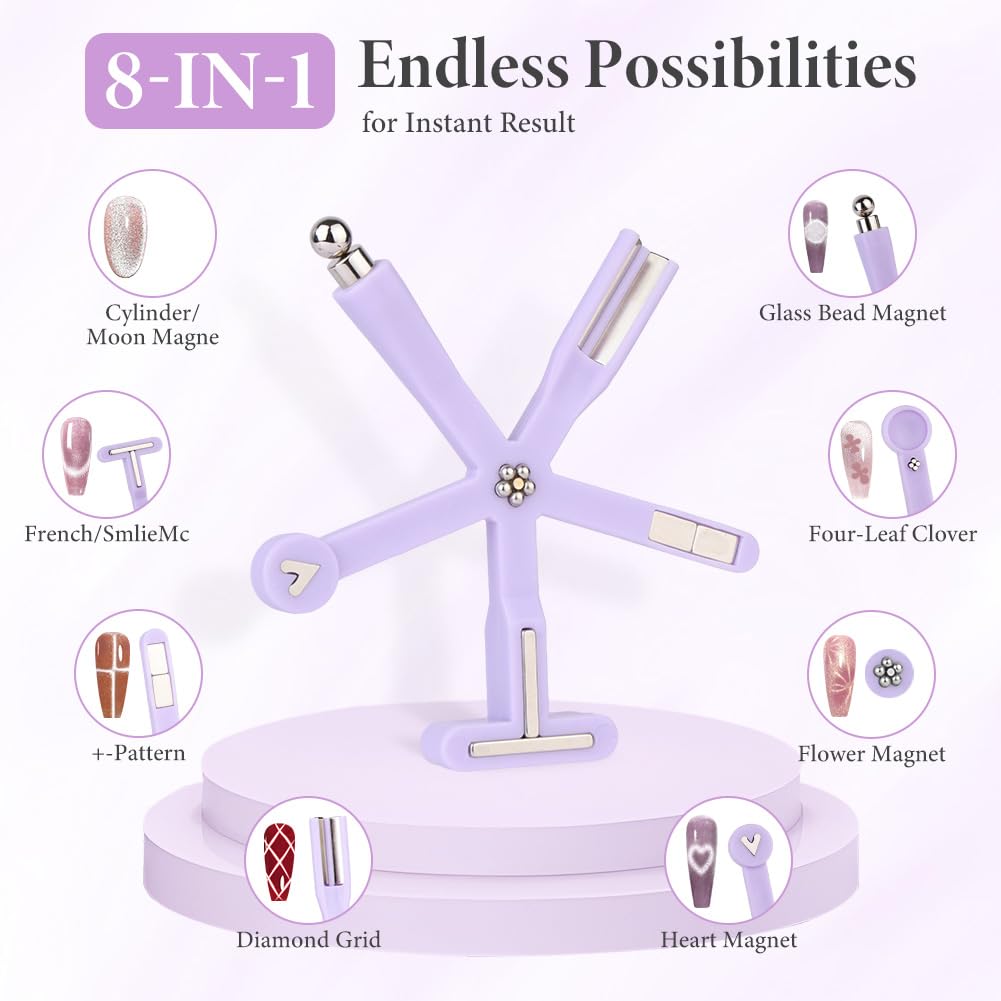 7 Pièces Aimant Cat Eyes Ongles Ensemble, 8 in 1 Aimant Ongle, Cat Eye Magnet, Cat Eye Magnet, Outils de Nail Art DIY, Stylos Magnétiques Cylindriques avec Lapin et Cœur