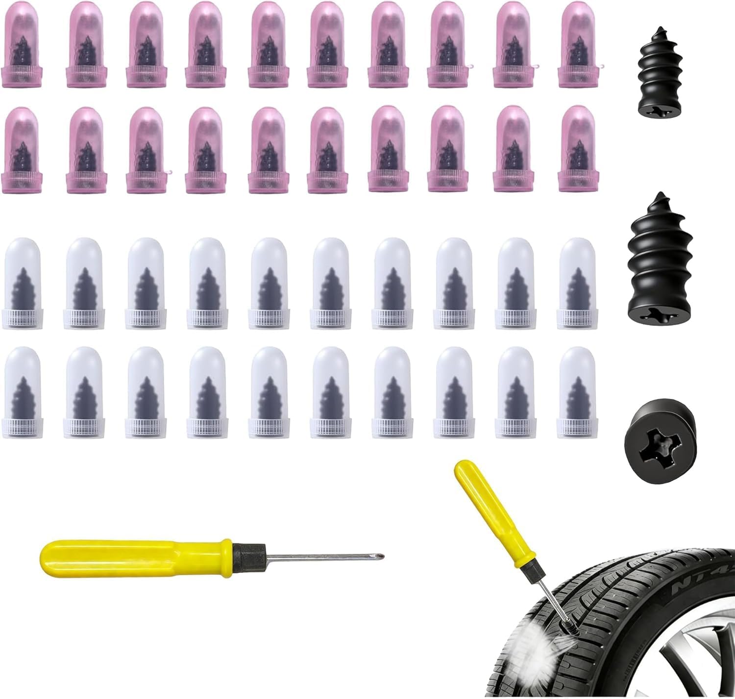 40 Pcs Vacuum Tire Repair Rubber Nail Plug Kit with 2 Sizes, Tire Patch Kit and Screwdriver, Fast Self-Service Tool for Car, Truck, Motorcycle